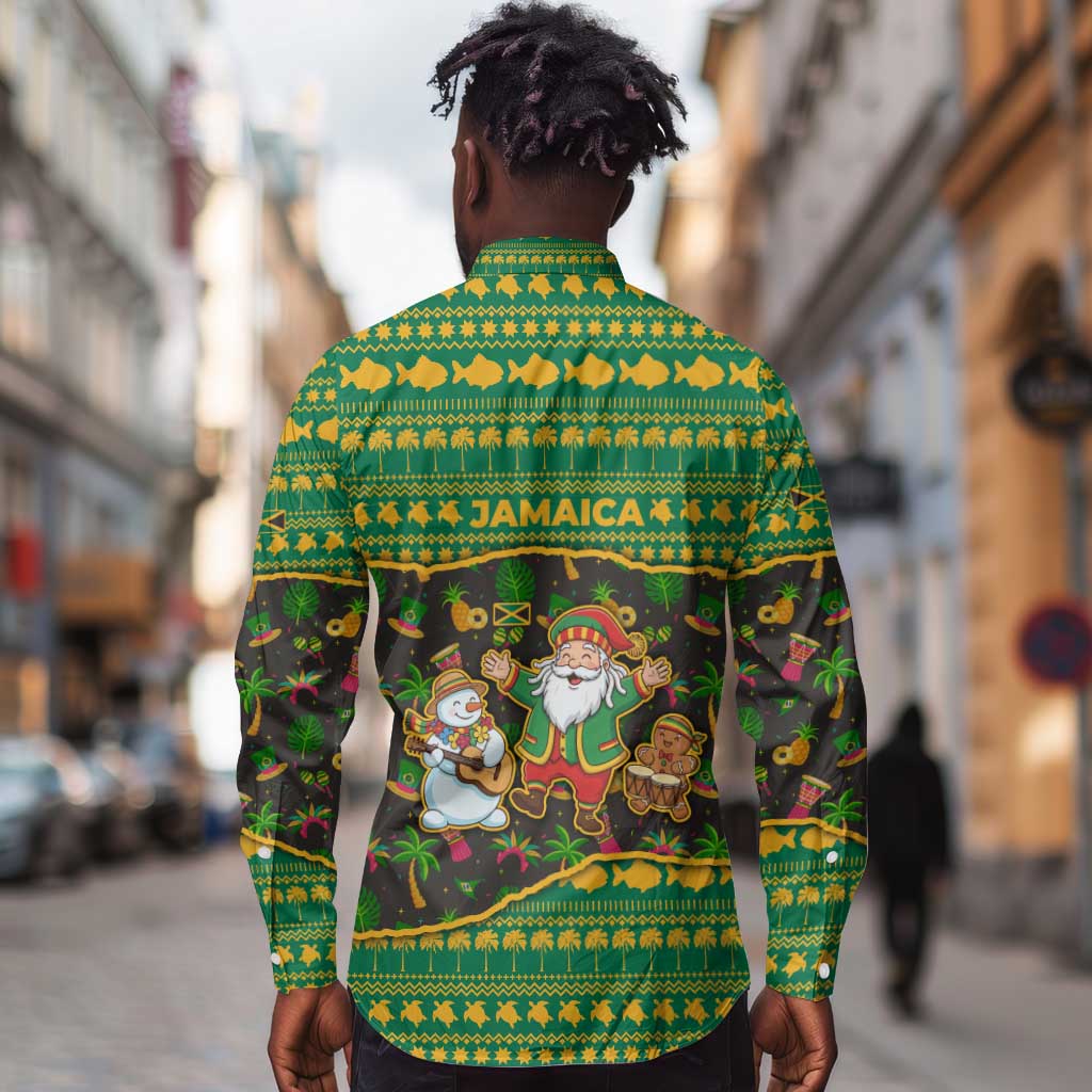 Jamaica Christmas Long Sleeve Button Shirt Rasta Santa Snowman Gingerbread Drummer Palm Trees - African Pride