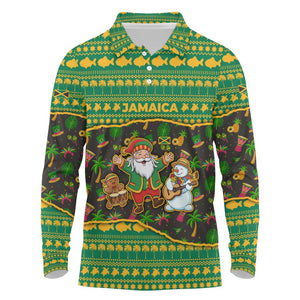 Jamaica Christmas Long Sleeve Polo Shirt Rasta Santa Snowman Gingerbread Drummer Palm Trees - African Pride