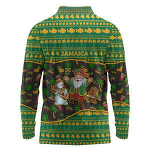 Jamaica Christmas Long Sleeve Polo Shirt Rasta Santa Snowman Gingerbread Drummer Palm Trees - African Pride