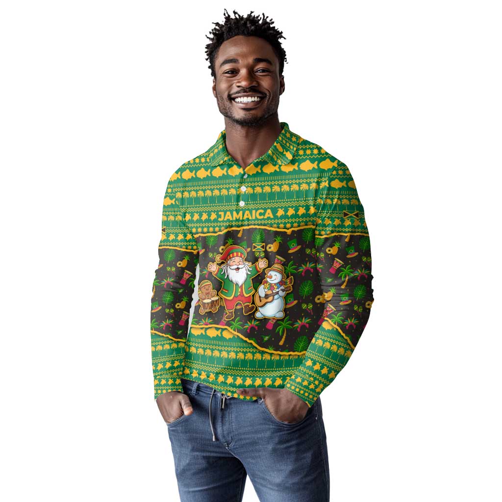 Jamaica Christmas Long Sleeve Polo Shirt Rasta Santa Snowman Gingerbread Drummer Palm Trees - African Pride