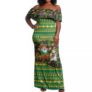 Jamaica Christmas Off Shoulder Maxi Dress Rasta Santa Snowman Gingerbread Drummer Palm Trees - African Pride