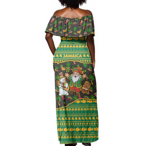 Jamaica Christmas Off Shoulder Maxi Dress Rasta Santa Snowman Gingerbread Drummer Palm Trees - African Pride