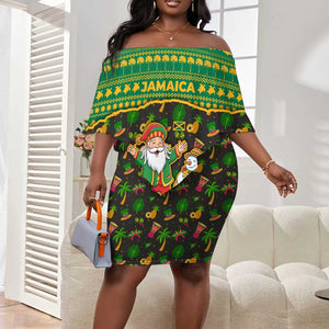 Jamaica Christmas Off Shoulder Short Dress Rasta Santa Snowman Gingerbread Drummer Palm Trees - African Pride