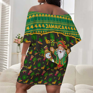 Jamaica Christmas Off Shoulder Short Dress Rasta Santa Snowman Gingerbread Drummer Palm Trees - African Pride