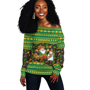 Jamaica Christmas Off Shoulder Sweater Rasta Santa Snowman Gingerbread Drummer Palm Trees - African Pride
