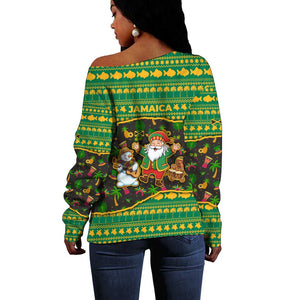 Jamaica Christmas Off Shoulder Sweater Rasta Santa Snowman Gingerbread Drummer Palm Trees - African Pride