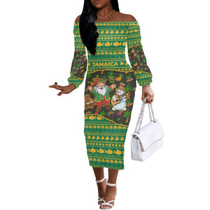 Jamaica Christmas Off The Shoulder Long Sleeve Dress Rasta Santa Snowman Gingerbread Drummer Palm Trees - African Pride