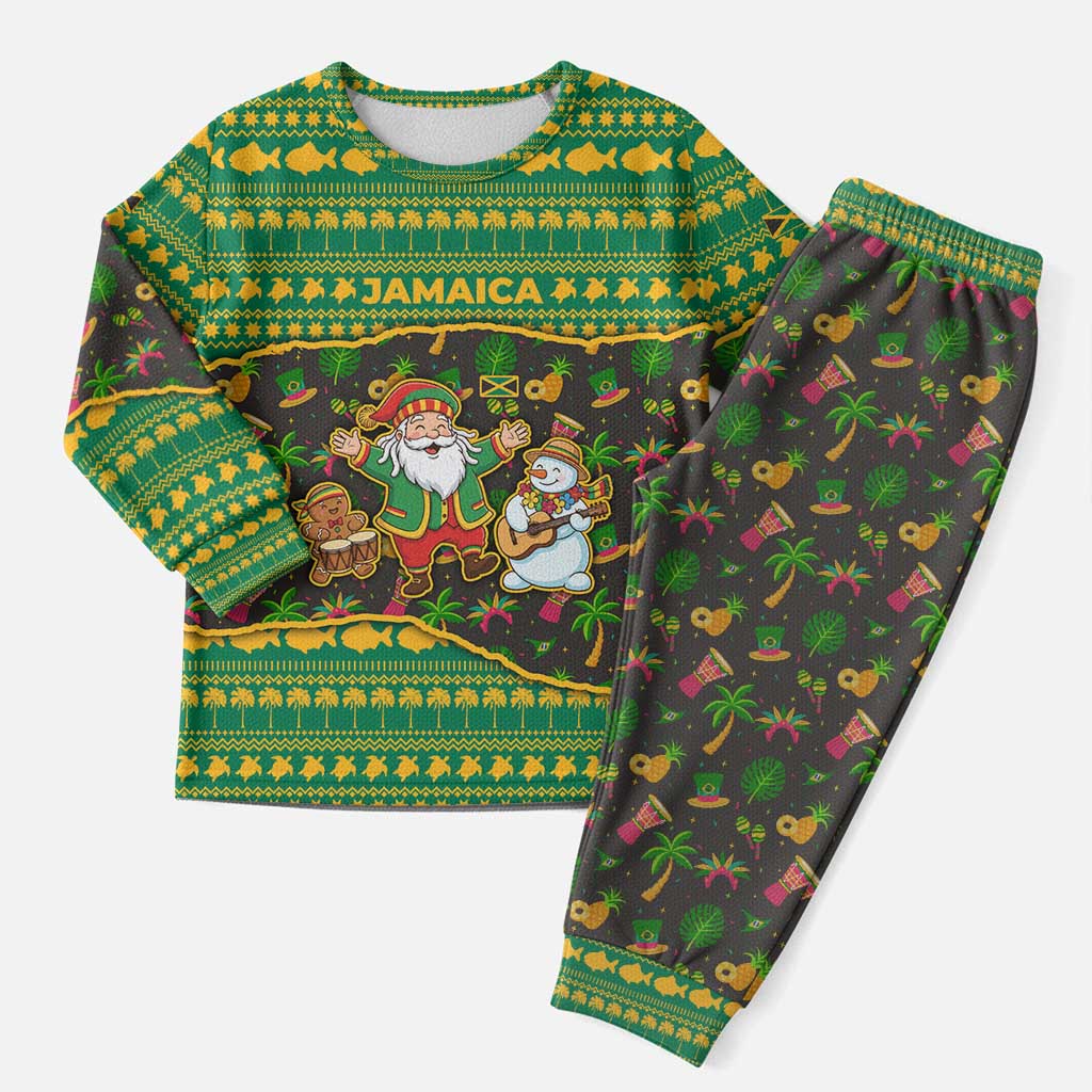Jamaica Christmas Pajama Set Rasta Santa Snowman Gingerbread Drummer Palm Trees - African Pride