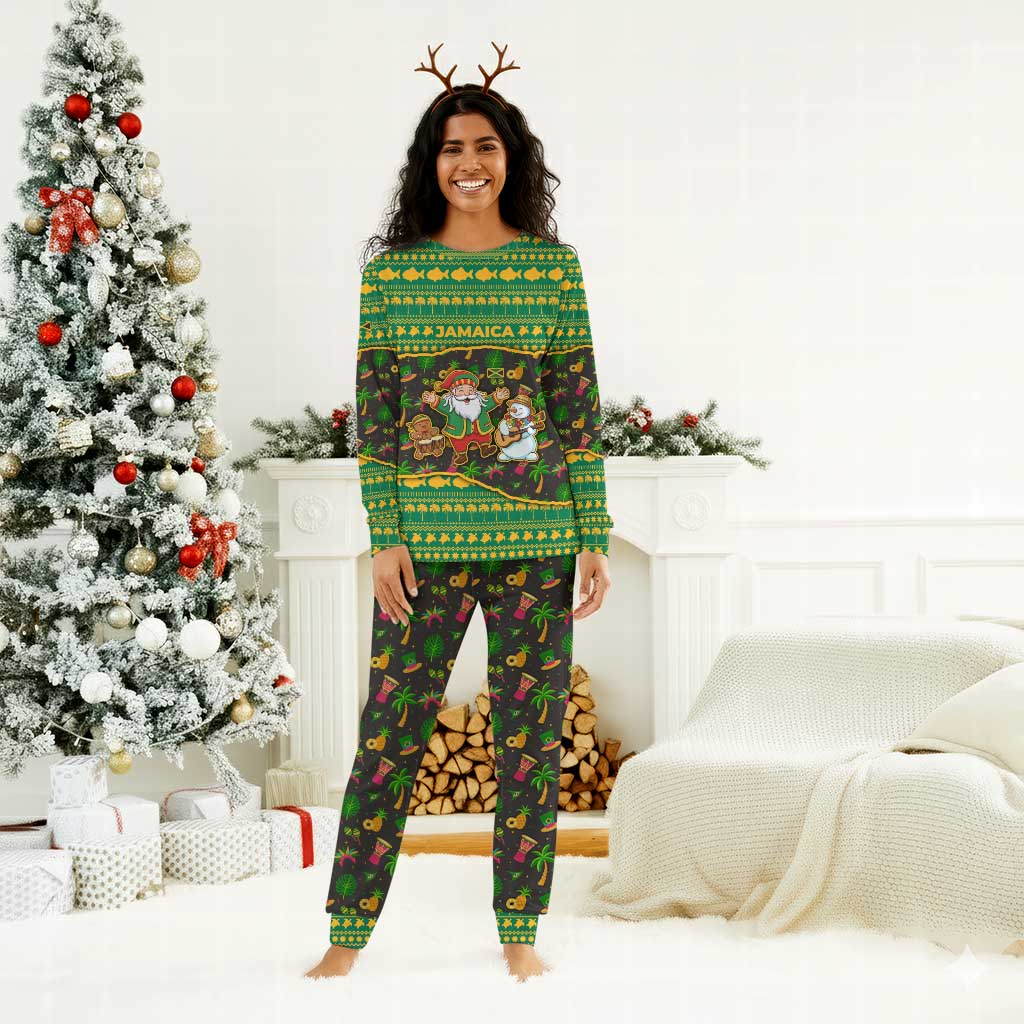 Jamaica Christmas Pajama Set Rasta Santa Snowman Gingerbread Drummer Palm Trees - African Pride