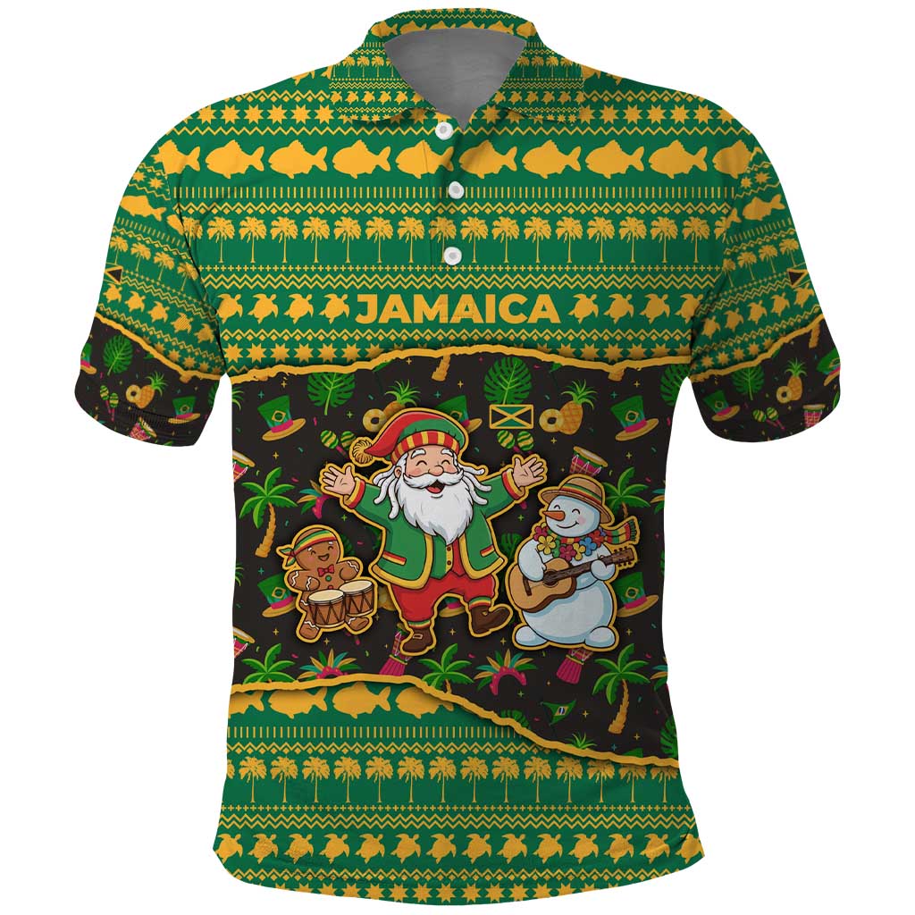 Jamaica Christmas Polo Shirt Rasta Santa Snowman Gingerbread Drummer Palm Trees - African Pride