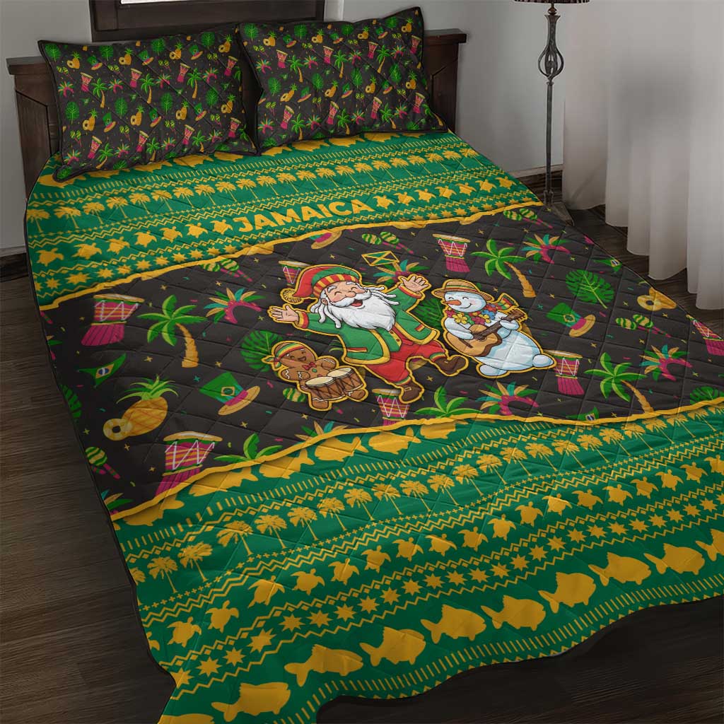 Jamaica Christmas Quilt Bed Set Rasta Santa Snowman Gingerbread Drummer Palm Trees - African Pride