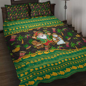 Jamaica Christmas Quilt Bed Set Rasta Santa Snowman Gingerbread Drummer Palm Trees - African Pride