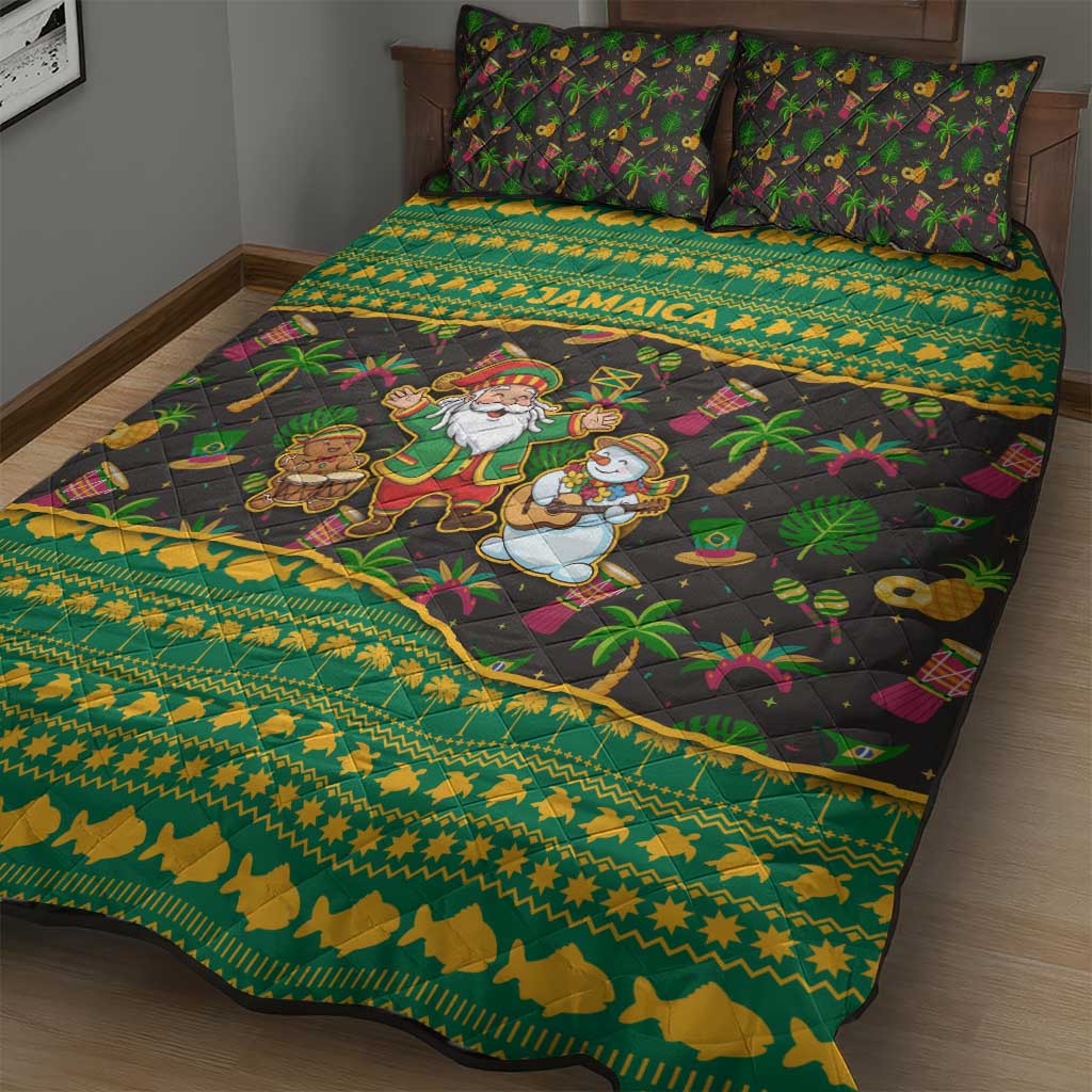 Jamaica Christmas Quilt Bed Set Rasta Santa Snowman Gingerbread Drummer Palm Trees - African Pride