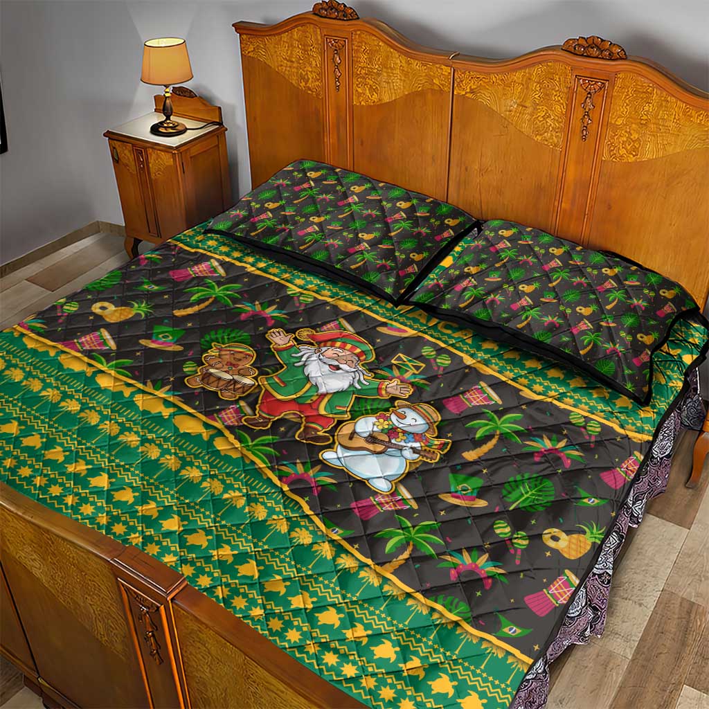 Jamaica Christmas Quilt Bed Set Rasta Santa Snowman Gingerbread Drummer Palm Trees - African Pride
