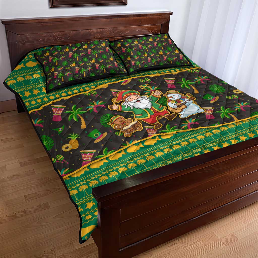 Jamaica Christmas Quilt Bed Set Rasta Santa Snowman Gingerbread Drummer Palm Trees - African Pride