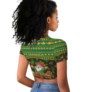 Jamaica Christmas Raglan Cropped T shirt Rasta Santa Snowman Gingerbread Drummer Palm Trees - African Pride