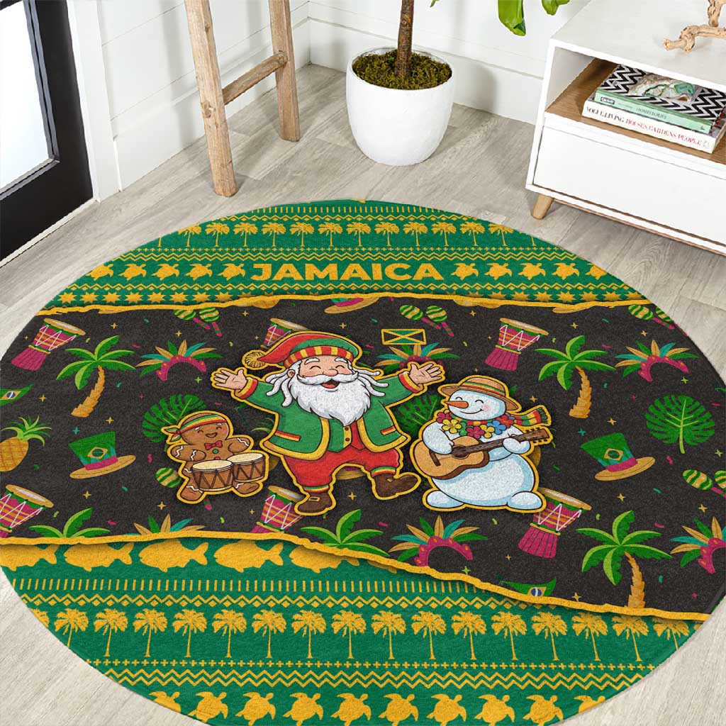 Jamaica Christmas Round Carpet Rasta Santa Snowman Gingerbread Drummer Palm Trees - African Pride