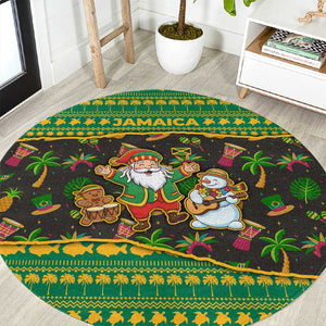 Jamaica Christmas Round Carpet Rasta Santa Snowman Gingerbread Drummer Palm Trees - African Pride