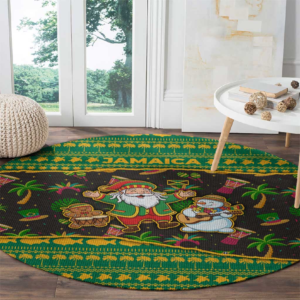 Jamaica Christmas Round Carpet Rasta Santa Snowman Gingerbread Drummer Palm Trees - African Pride