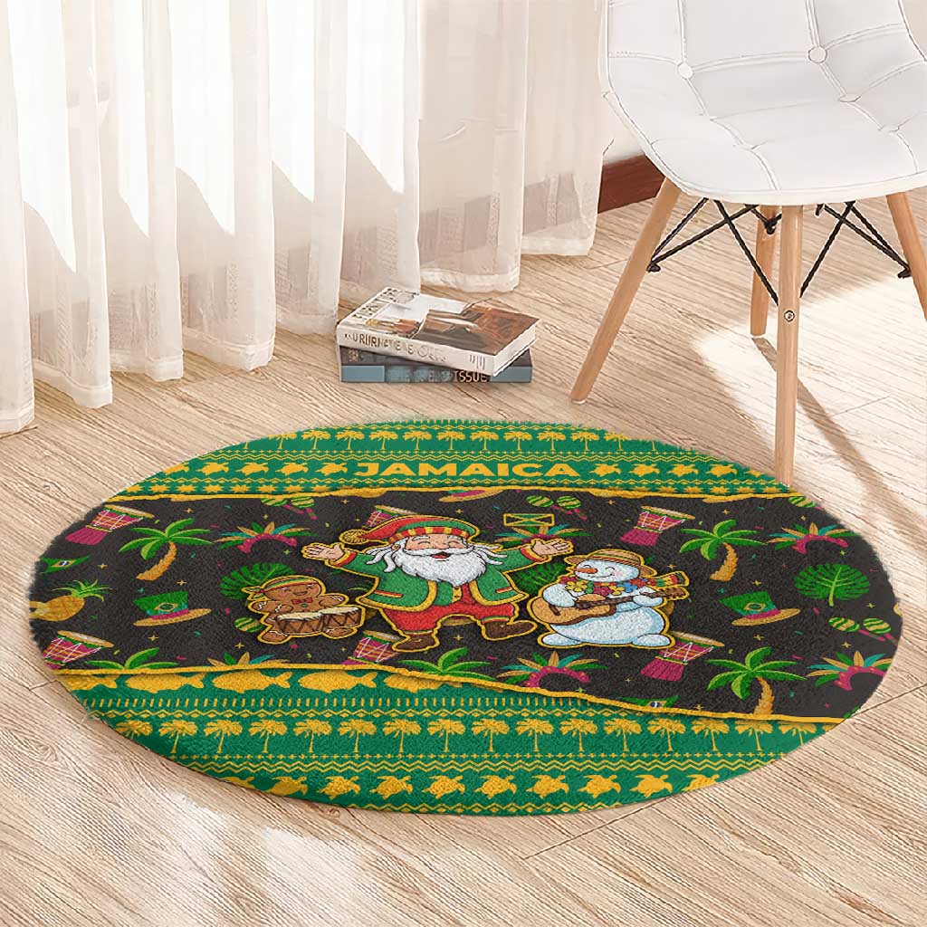 Jamaica Christmas Round Carpet Rasta Santa Snowman Gingerbread Drummer Palm Trees - African Pride