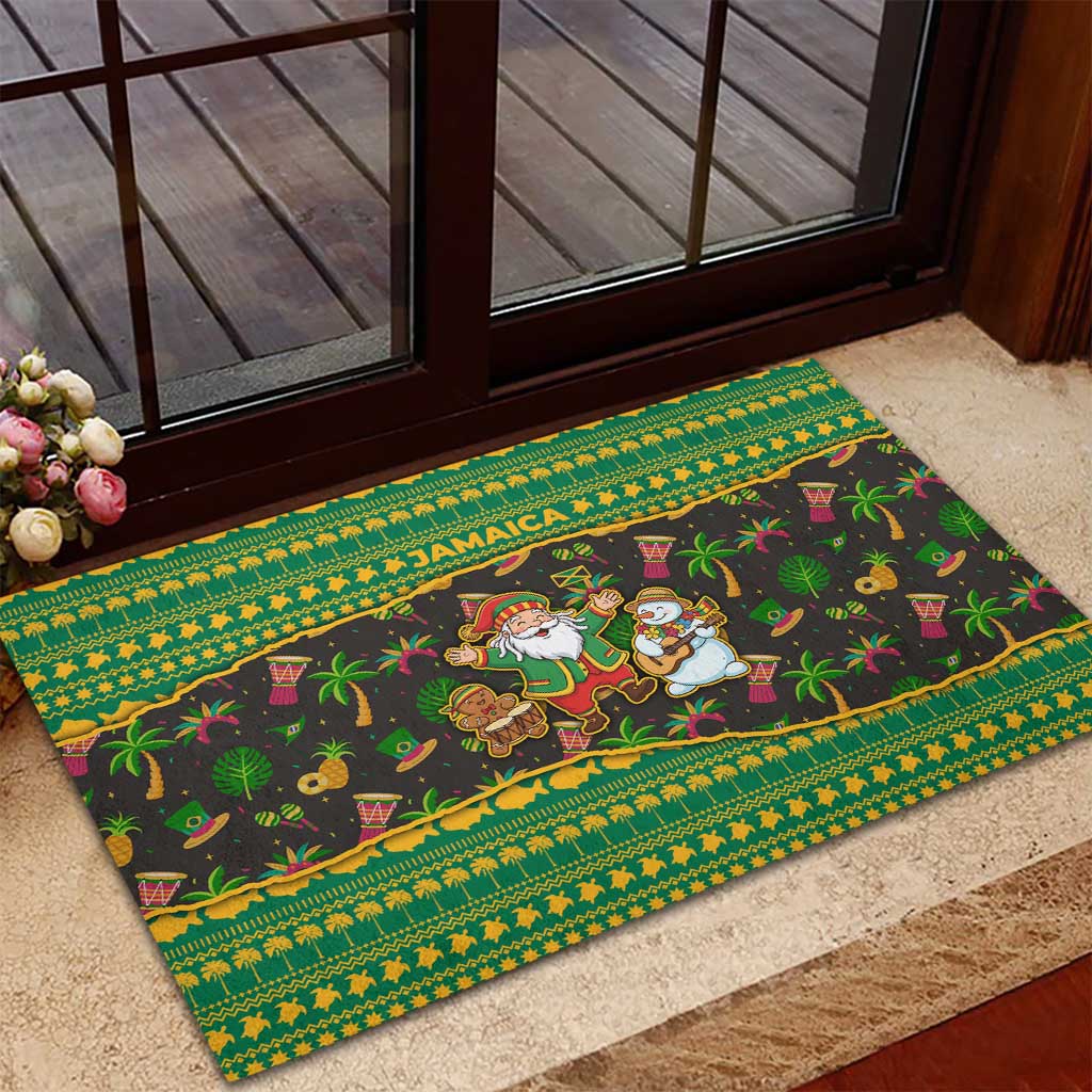 Jamaica Christmas Rubber Doormat Rasta Santa Snowman Gingerbread Drummer Palm Trees - African Pride