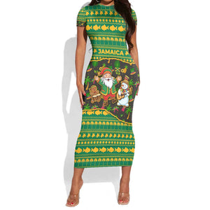 Jamaica Christmas Short Sleeve Bodycon Dress Rasta Santa Snowman Gingerbread Drummer Palm Trees - African Pride