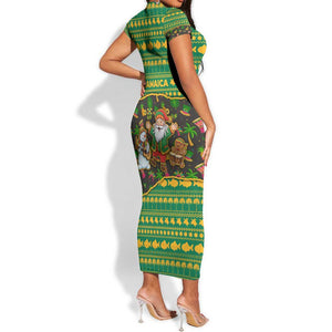Jamaica Christmas Short Sleeve Bodycon Dress Rasta Santa Snowman Gingerbread Drummer Palm Trees - African Pride