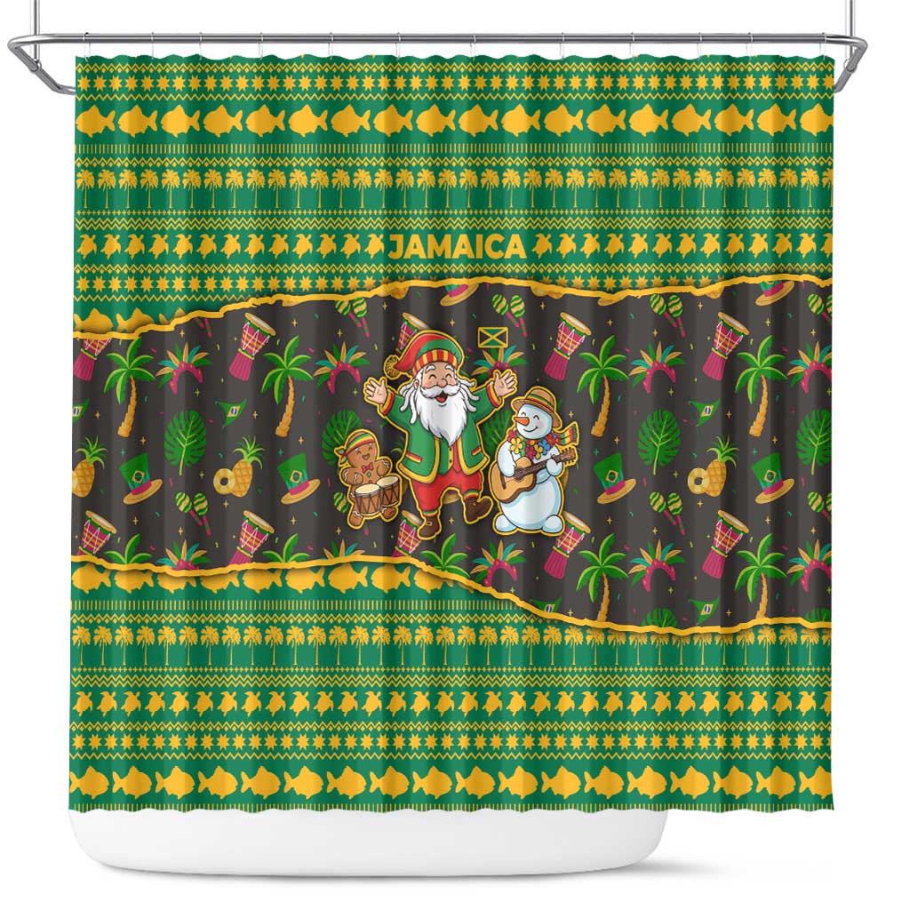 Jamaica Christmas Shower Curtain Rasta Santa Snowman Gingerbread Drummer Palm Trees - African Pride