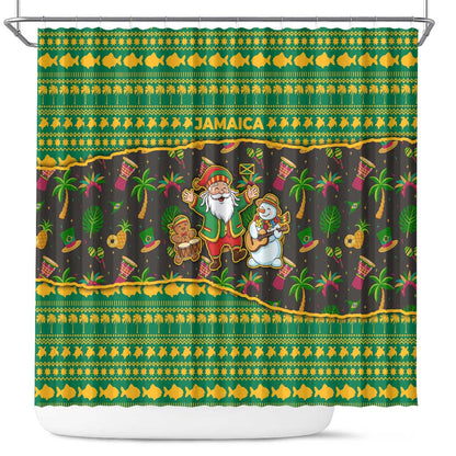 Jamaica Christmas Shower Curtain Rasta Santa Snowman Gingerbread Drummer Palm Trees - African Pride