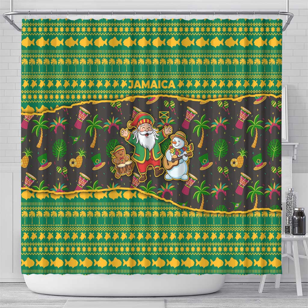 Jamaica Christmas Shower Curtain Rasta Santa Snowman Gingerbread Drummer Palm Trees - African Pride