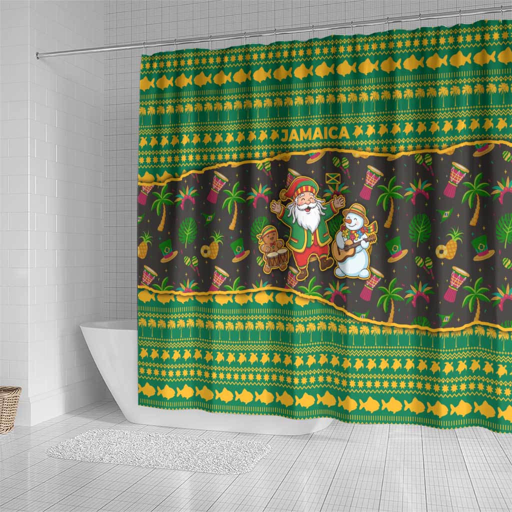 Jamaica Christmas Shower Curtain Rasta Santa Snowman Gingerbread Drummer Palm Trees - African Pride
