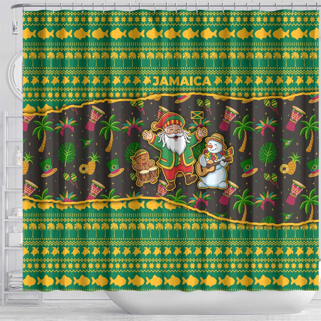 Jamaica Christmas Shower Curtain Rasta Santa Snowman Gingerbread Drummer Palm Trees - African Pride