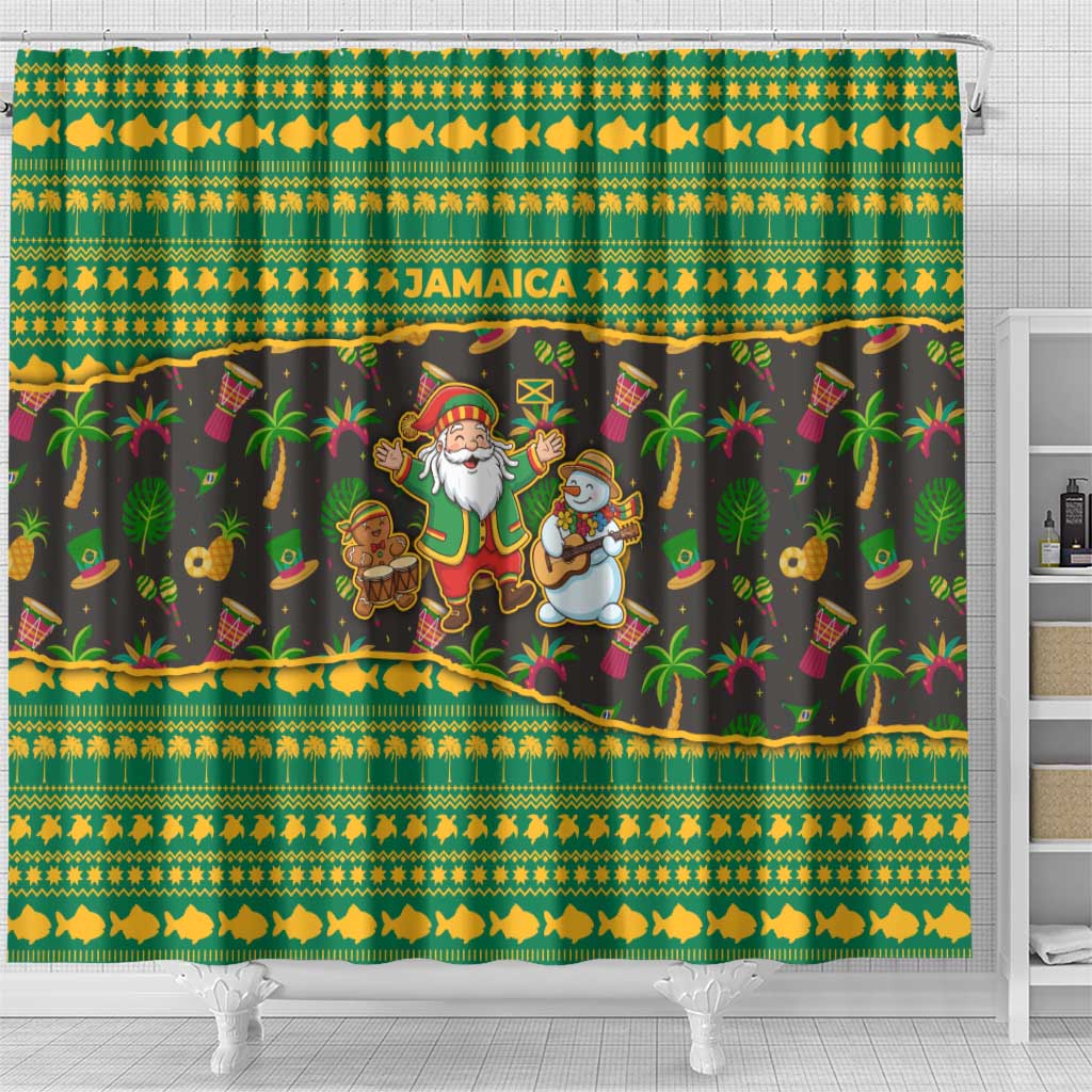 Jamaica Christmas Shower Curtain Rasta Santa Snowman Gingerbread Drummer Palm Trees - African Pride