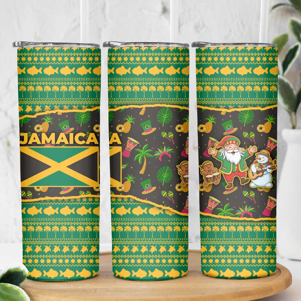 Jamaica Christmas Skinny Tumbler Rasta Santa Snowman Gingerbread Drummer Palm Trees - African Pride