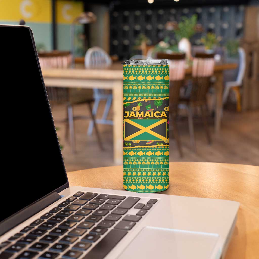 Jamaica Christmas Skinny Tumbler Rasta Santa Snowman Gingerbread Drummer Palm Trees - African Pride