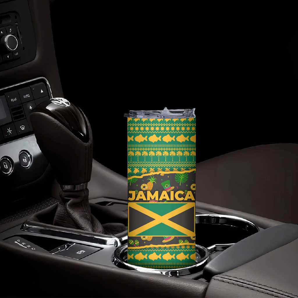 Jamaica Christmas Skinny Tumbler Rasta Santa Snowman Gingerbread Drummer Palm Trees - African Pride