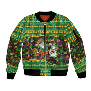 Jamaica Christmas Sleeve Zip Bomber Jacket Rasta Santa Snowman Gingerbread Drummer Palm Trees - African Pride