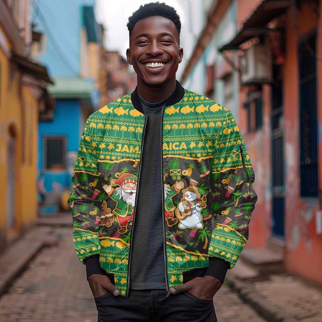 Jamaica Christmas Sleeve Zip Bomber Jacket Rasta Santa Snowman Gingerbread Drummer Palm Trees - African Pride