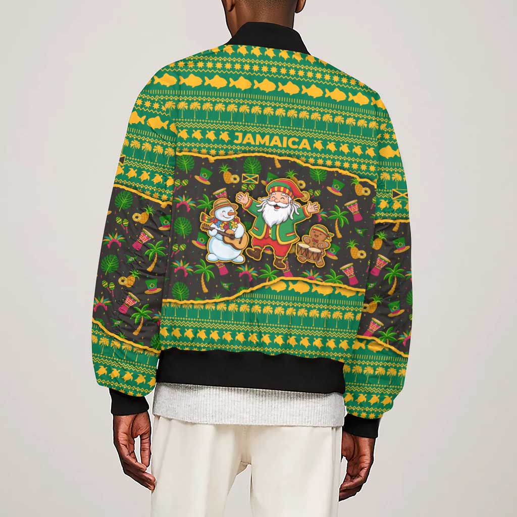 Jamaica Christmas Sleeve Zip Bomber Jacket Rasta Santa Snowman Gingerbread Drummer Palm Trees - African Pride
