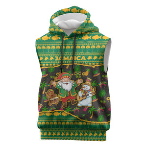 Jamaica Christmas Sleeveless Hoodie Rasta Santa Snowman Gingerbread Drummer Palm Trees - African Pride
