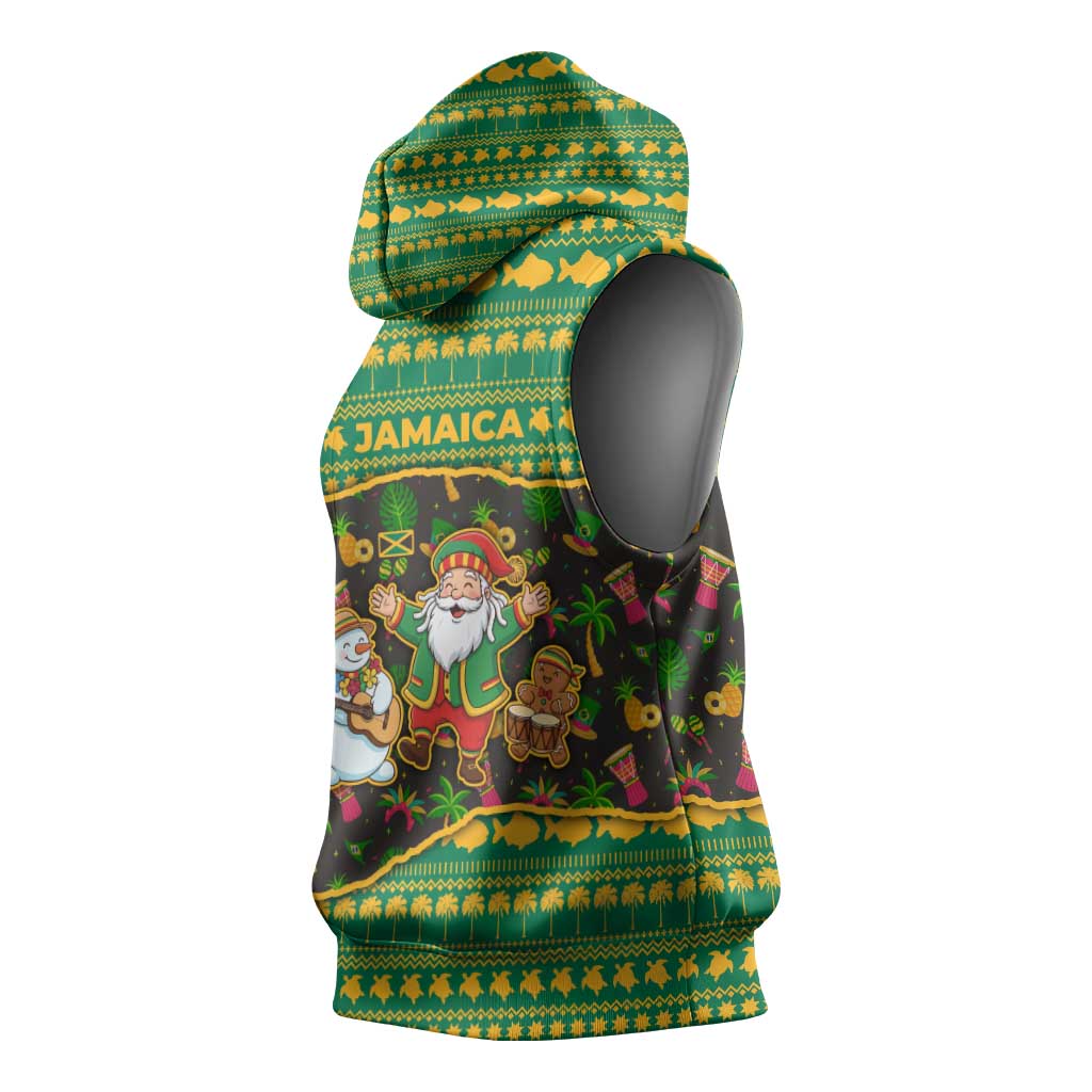 Jamaica Christmas Sleeveless Hoodie Rasta Santa Snowman Gingerbread Drummer Palm Trees - African Pride