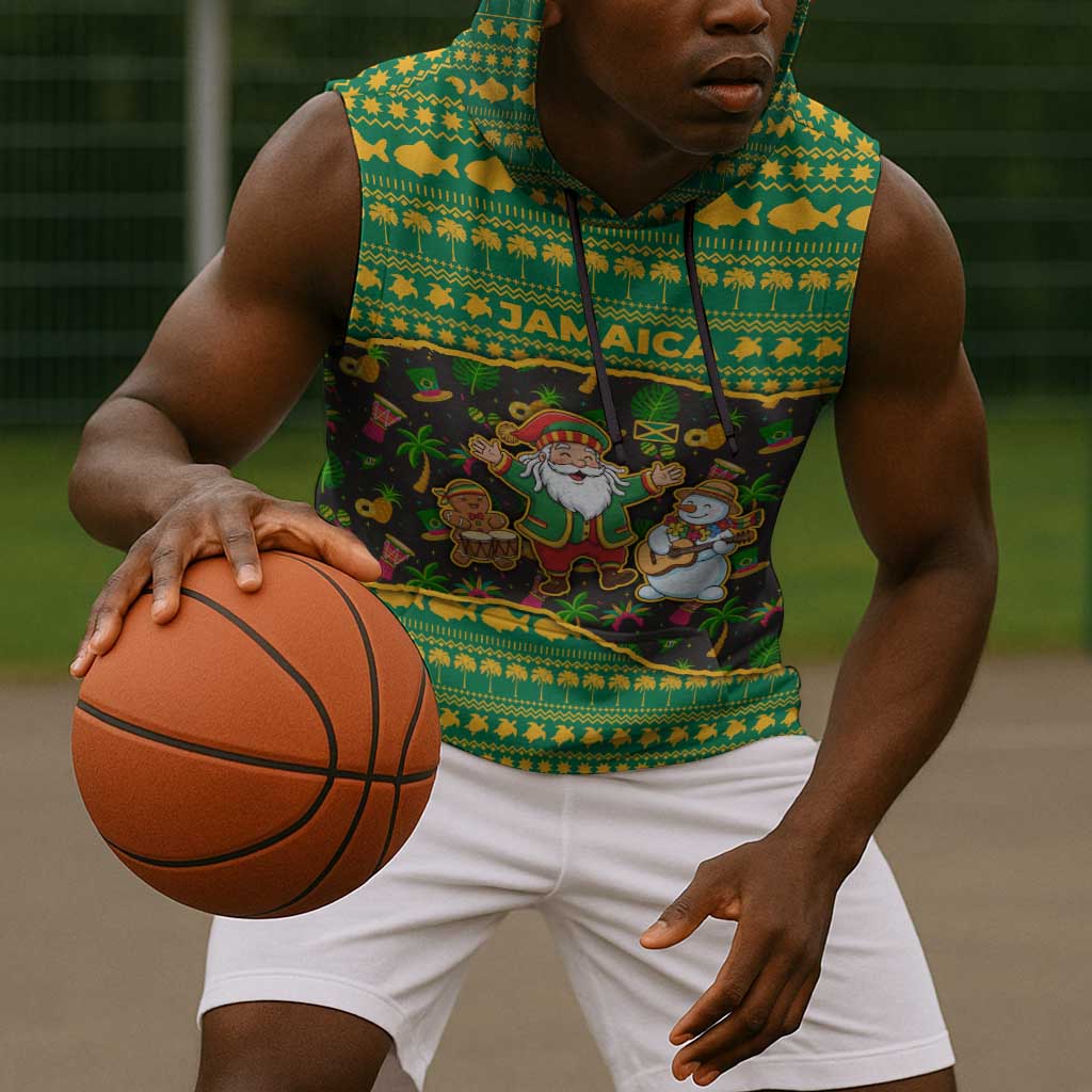 Jamaica Christmas Sleeveless Hoodie Rasta Santa Snowman Gingerbread Drummer Palm Trees - African Pride