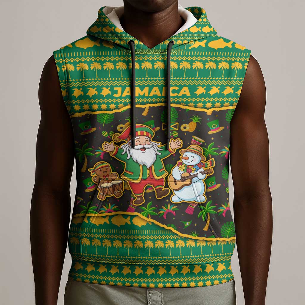 Jamaica Christmas Sleeveless Hoodie Rasta Santa Snowman Gingerbread Drummer Palm Trees - African Pride