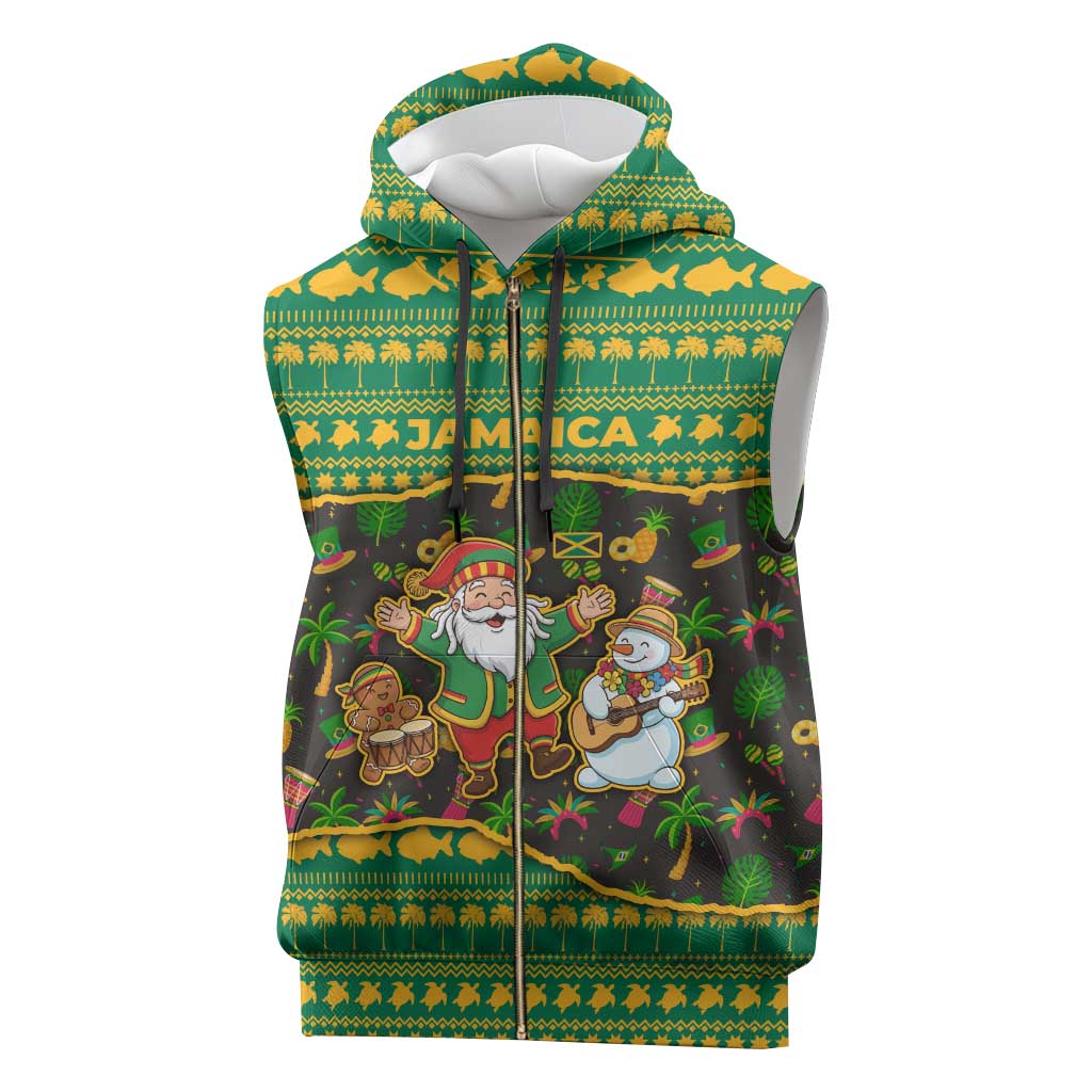 Jamaica Christmas Sleeveless Zip Hoodie Rasta Santa Snowman Gingerbread Drummer Palm Trees - African Pride
