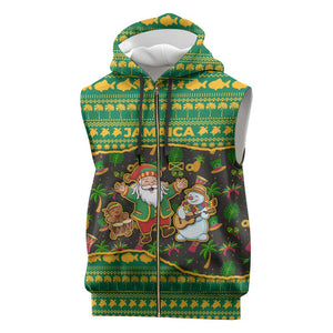 Jamaica Christmas Sleeveless Zip Hoodie Rasta Santa Snowman Gingerbread Drummer Palm Trees - African Pride
