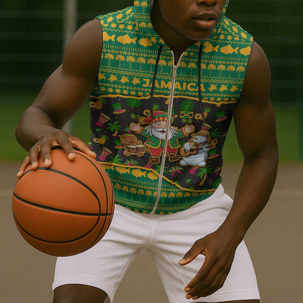 Jamaica Christmas Sleeveless Zip Hoodie Rasta Santa Snowman Gingerbread Drummer Palm Trees - African Pride