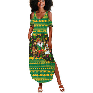 Jamaica Christmas Summer Maxi Dress Rasta Santa Snowman Gingerbread Drummer Palm Trees - African Pride