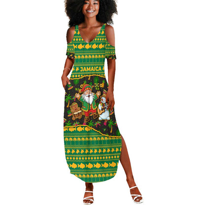 Jamaica Christmas Summer Maxi Dress Rasta Santa Snowman Gingerbread Drummer Palm Trees - African Pride