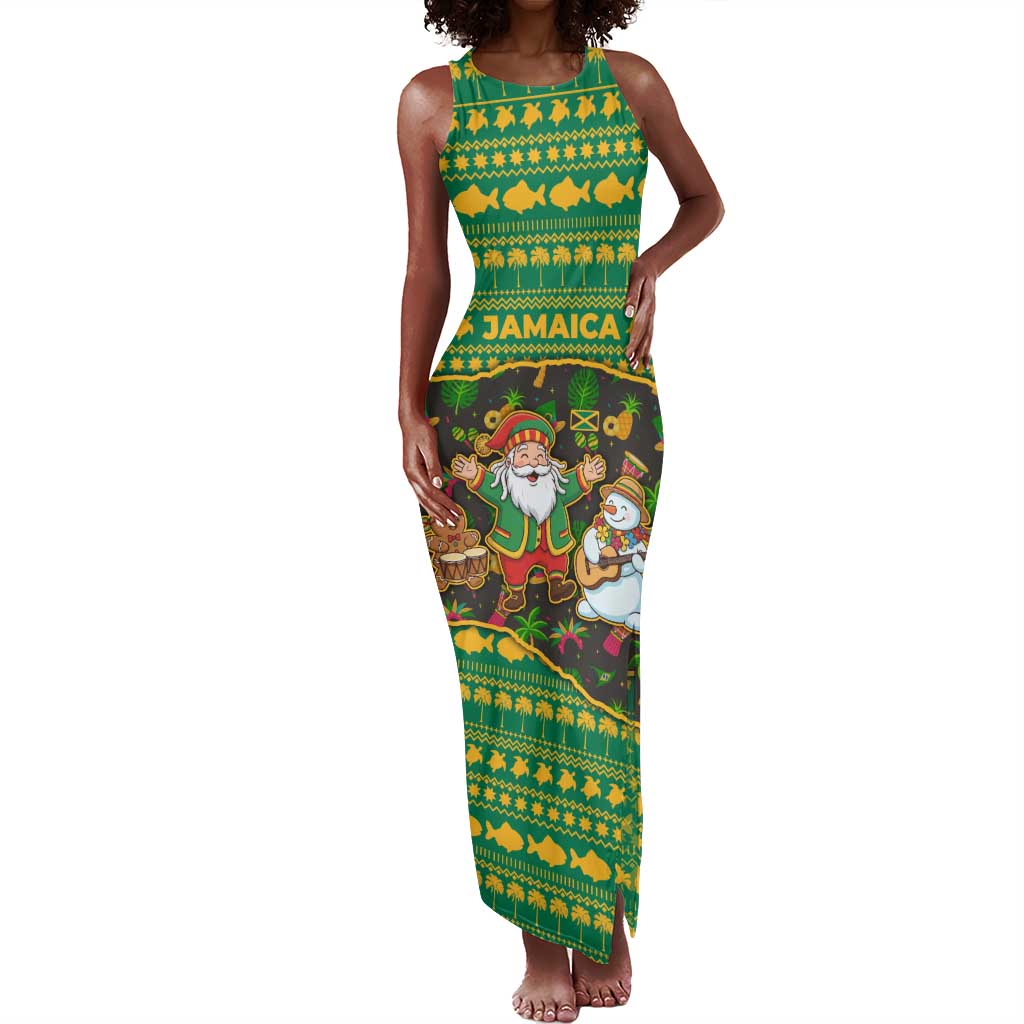 Jamaica Christmas Tank Maxi Dress Rasta Santa Snowman Gingerbread Drummer Palm Trees - African Pride