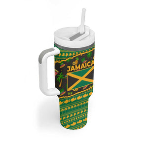 Jamaica Christmas Tumbler With Handle Rasta Santa Snowman Gingerbread Drummer Palm Trees - African Pride